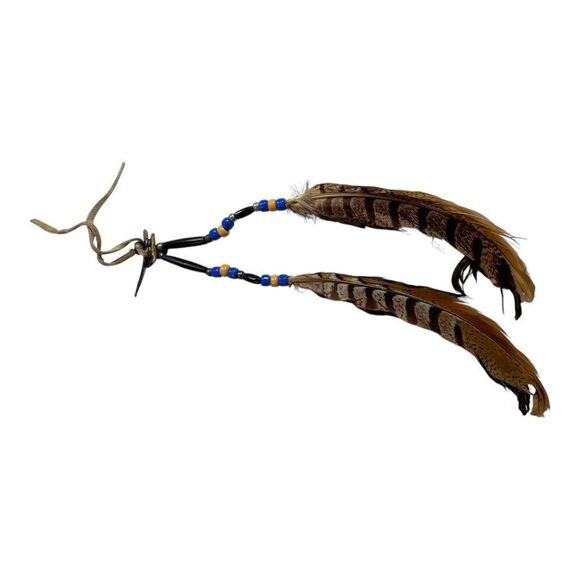 Vintage Handcrafted Feather Hair Clip Beaded Accents & Leather Ties Boho Style - Picture 5 of 7